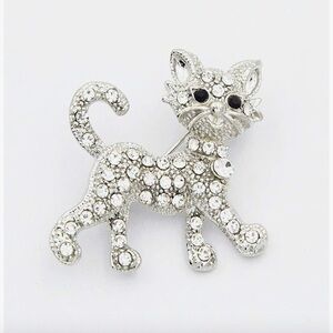 Silver Rhinestone cat brooch